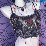 Haut camisole à ourlet en dentelle et chaîne en métal, col en U, appliqué tête de mort et griffes 
