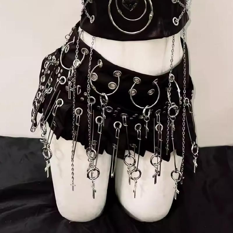 Hollow out o ring cross applique pleated A line mini skirt