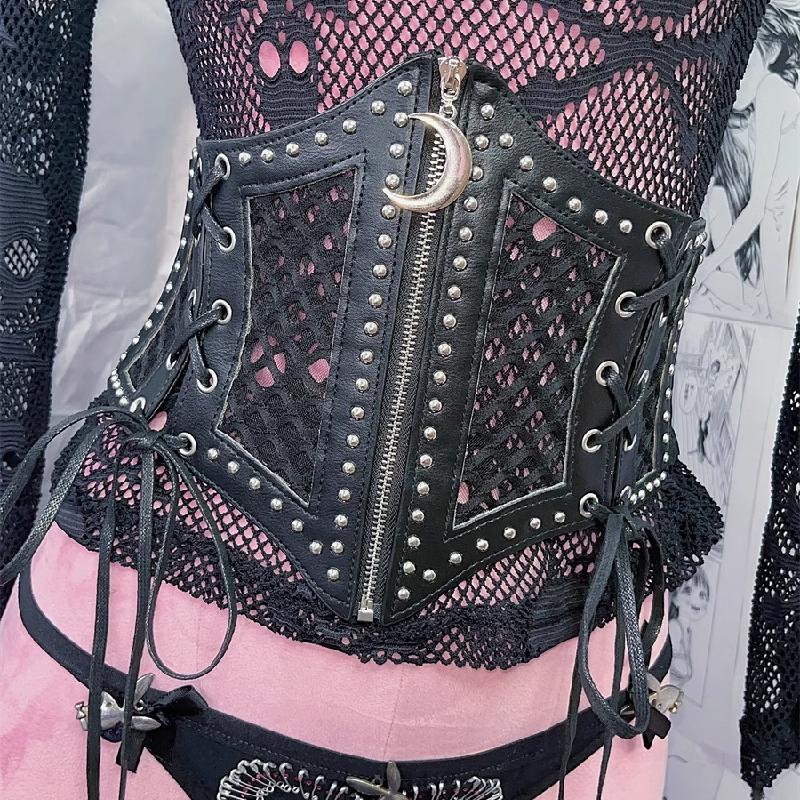 Ceinture zippée ajourée à nouer soi-même avec applique lune 