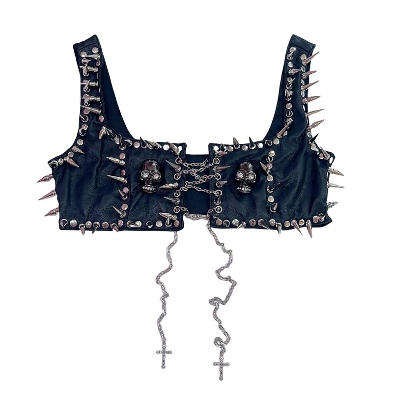 Parte superior de cuero PU con aplique de calavera y cadena de metal con cordones 