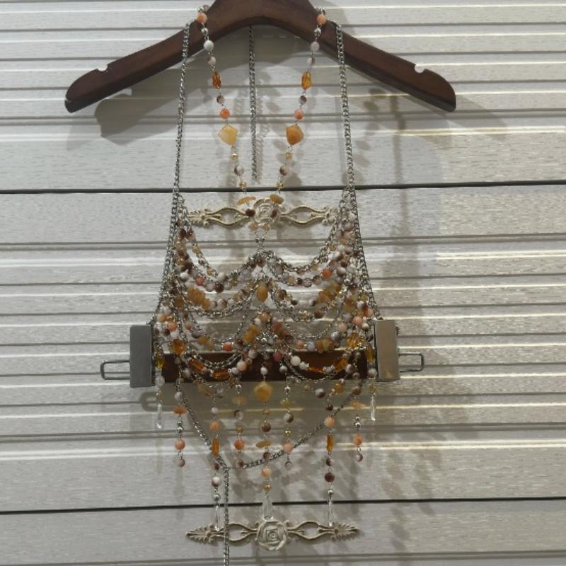 Hollow out halter metal chain beaded top
