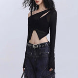 Irregular long sleeve hollow out 2 piece crop top