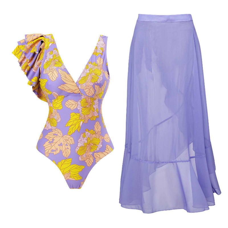 Traje de baño de una pieza con estampado de hojas con volantes irregulares en contraste 