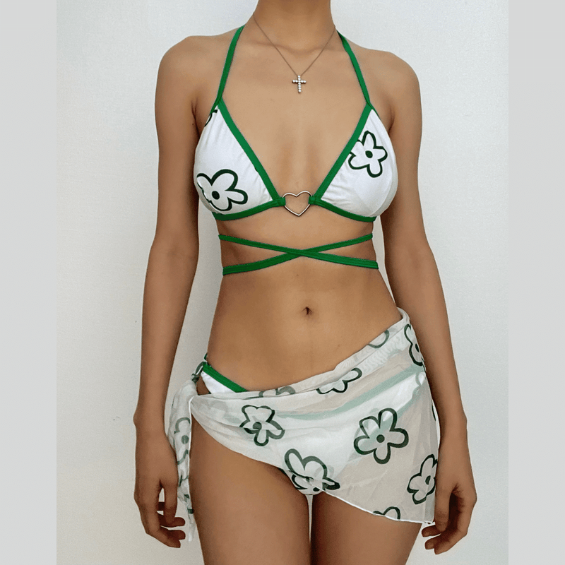 Maillot de bain 3 pièces rembourré à motif floral contrasté et licou 