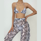 Maillot de bain 3 pièces en maille à volants en peau de serpent, licou, pantalon à nouer soi-même 
