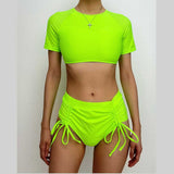 Maillot de bain bikini à manches courtes et cordon de serrage uni 