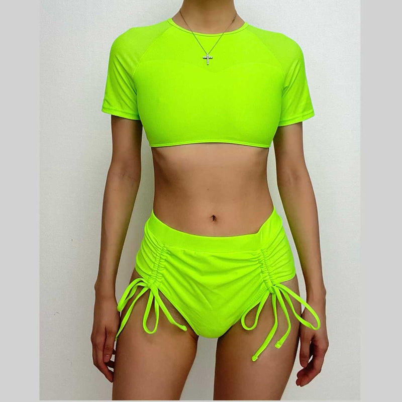 Maillot de bain bikini à manches courtes et cordon de serrage uni 