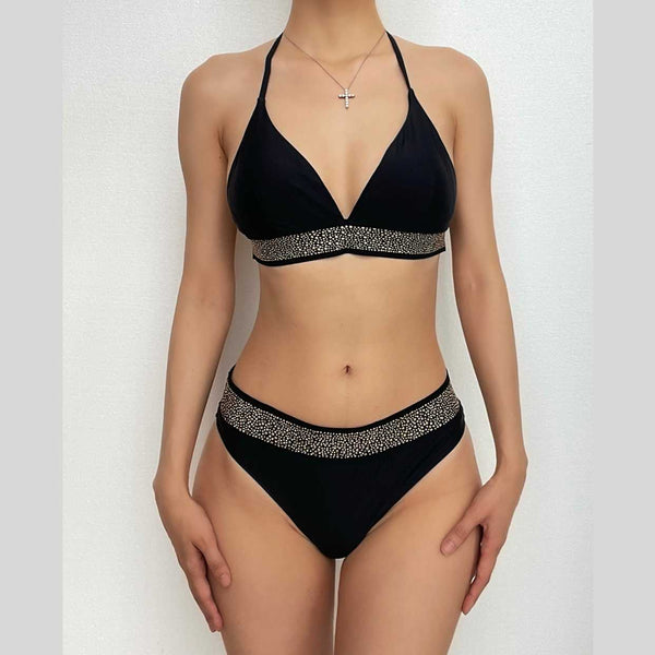 Maillot de bain bikini contrasté à licou et perles 