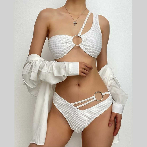 Maillot de bain bikini froncé texturé irrégulier et uni avec anneau en O 