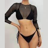 Traje de baño de 3 piezas de malla con cuello halter y mangas largas, liso 
