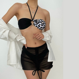 Maillot de bain 3 pièces dos nu en maille avec cordon de serrage léopard 