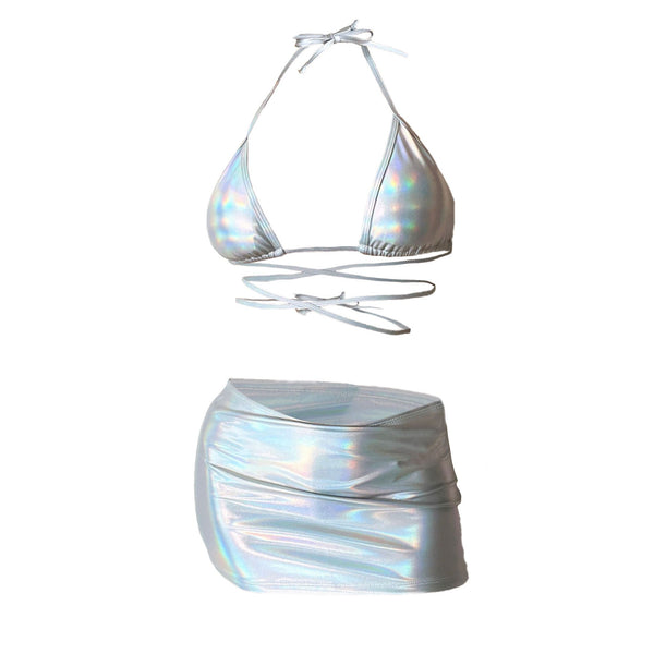 Maillot de bain 3 pièces croisé devant, couleur unie, avec licou 