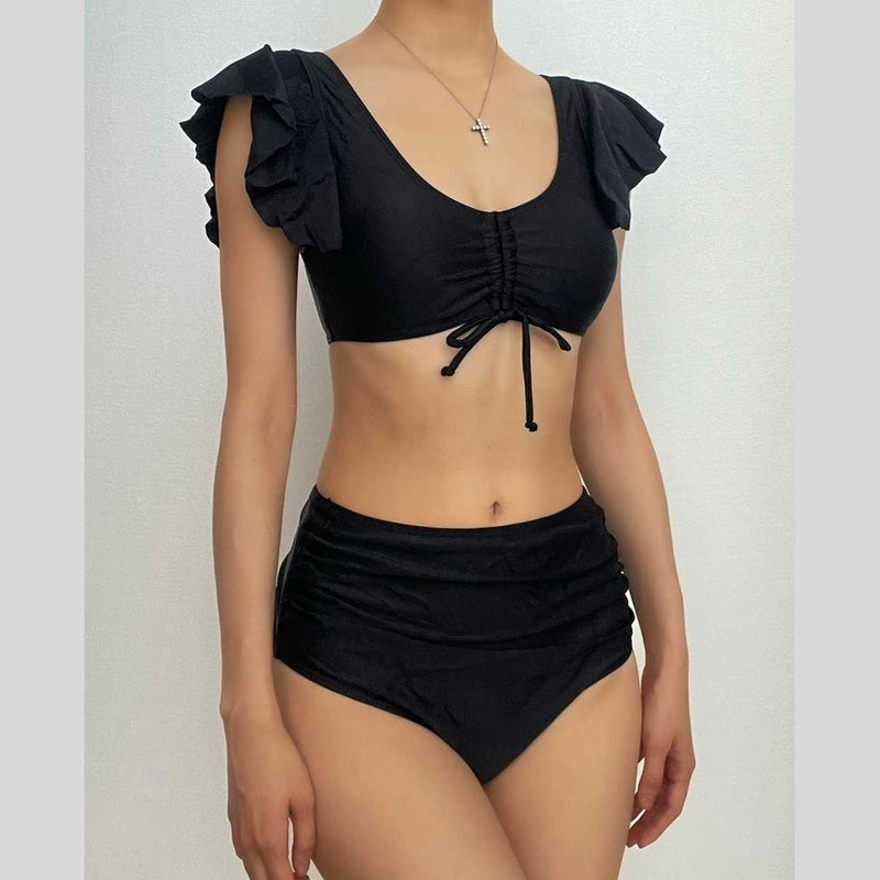 Traje de baño bikini fruncido liso con cordón ajustable y mangas cortas con volantes acolchados 