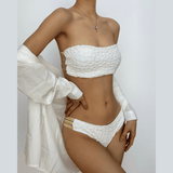 Traje de baño bikini de tubo ahuecado con contraste de textura sólida 