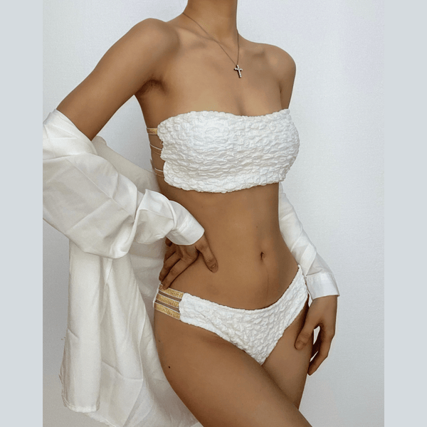 Traje de baño bikini de tubo ahuecado con contraste de textura sólida 
