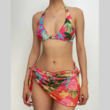 Maillot de bain 3 pièces en maille à imprimé floral avec cordon de serrage et dos nu 