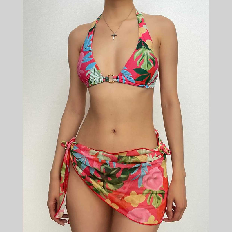 Maillot de bain 3 pièces en maille à imprimé floral avec cordon de serrage et dos nu 