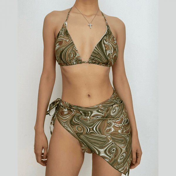 Maillot de bain 3 pièces à imprimé abstrait contrasté, dos nu et noué 