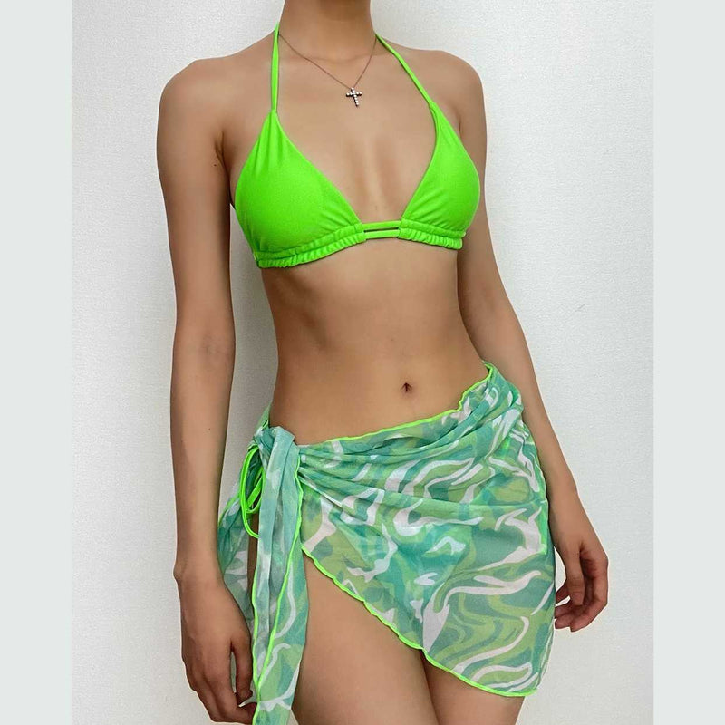 Traje de baño de 3 piezas de malla con espalda descubierta y estampado de contraste ondulado 