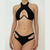 Maillot de bain 3 pièces uni à licou et à nouer soi-même 