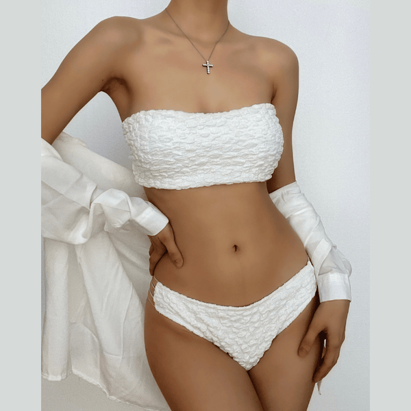 Traje de baño bikini de tubo ahuecado con contraste de textura sólida 