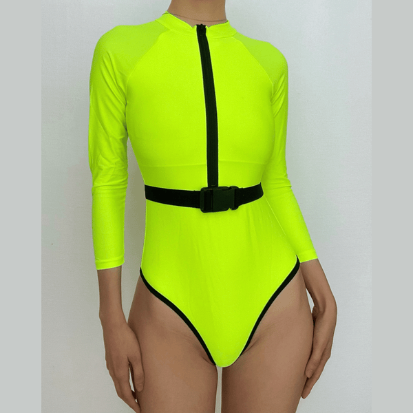 Traje de baño de una pieza con cinturón y manga larga en contraste y cremallera 