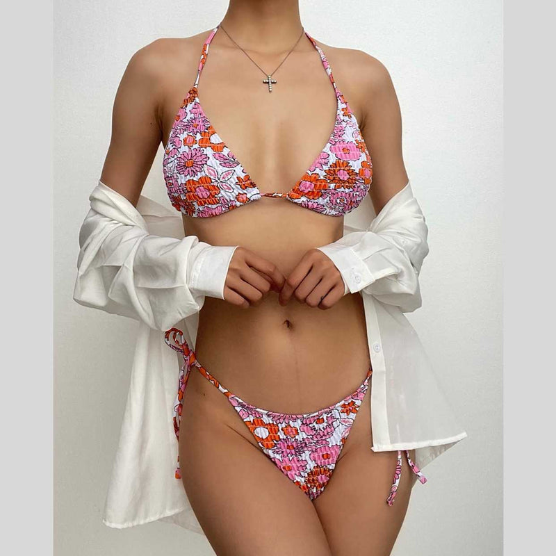 Maillot de bain bikini à nouer et à motif floral contrasté et licou froncé 