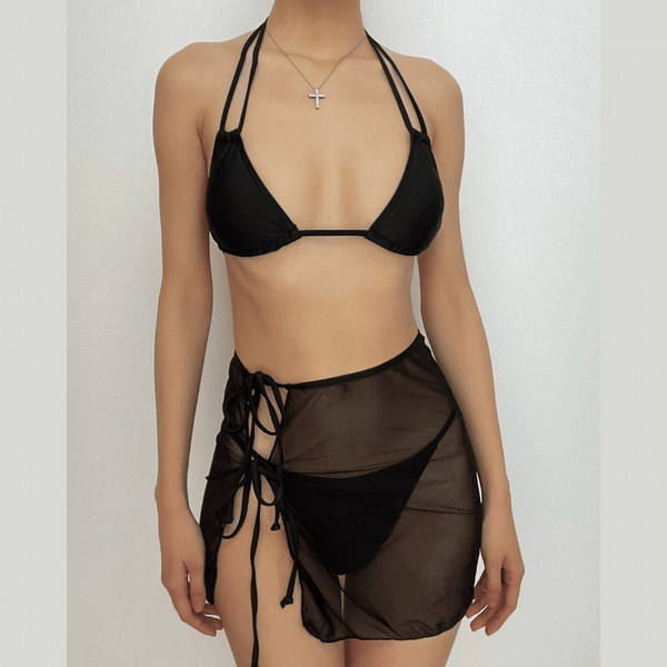 Maillot de bain 3 pièces uni à licou croisé sur le devant et à nouer soi-même 