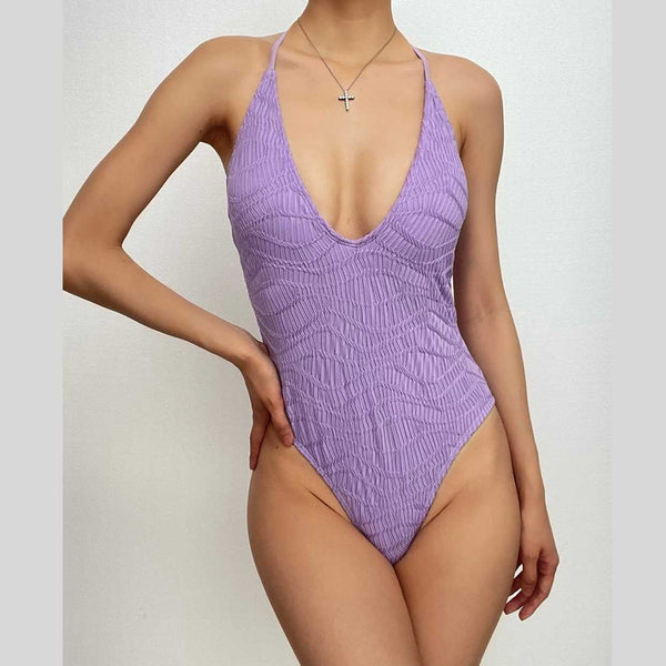 Maillot de bain une pièce uni dos nu à col en V 