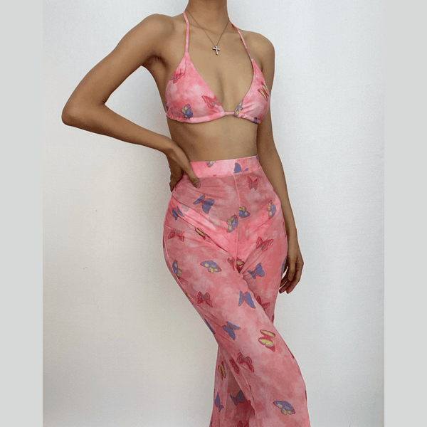 Traje de baño de 3 piezas con pantalón halter fruncido y estampado de mariposas de malla 