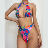 Maillot de bain bikini dos nu à motif floral contrasté croisé 