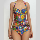 Traje de baño bikini con cuello halter, relleno y lazo anudado con estampado floral en contraste 