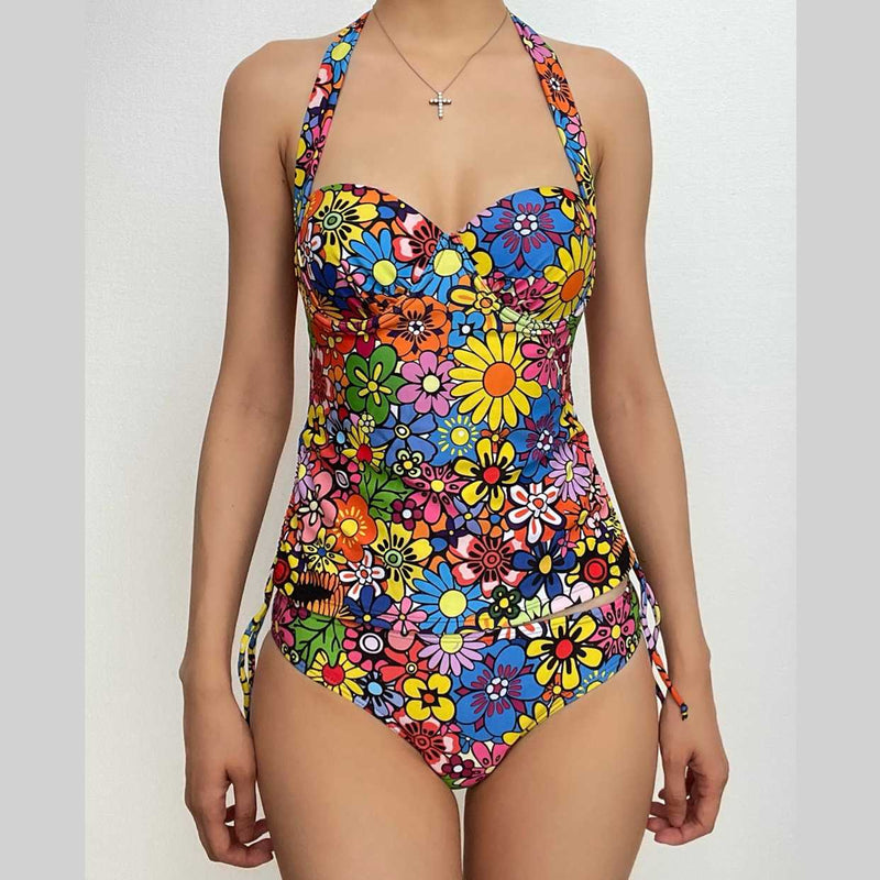 Traje de baño bikini con cuello halter, relleno y lazo anudado con estampado floral en contraste 