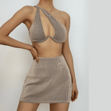 Maillot de bain 3 pièces à une épaule, ajouré, uni, irrégulier, boutonné 