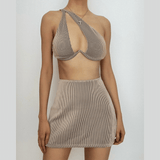 Maillot de bain 3 pièces à une épaule, ajouré, uni, irrégulier, boutonné 