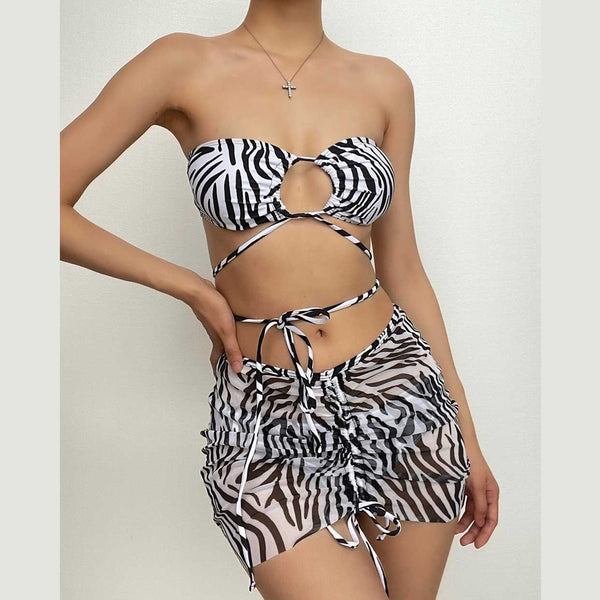 Maillot de bain 3 pièces à nouer soi-même, en maille à imprimé zèbre, avec cordon de serrage 