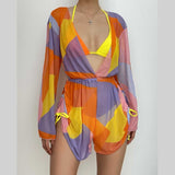 Traje de baño de 3 piezas con cuello halter, manga larga y cordón ajustable en contraste de malla 