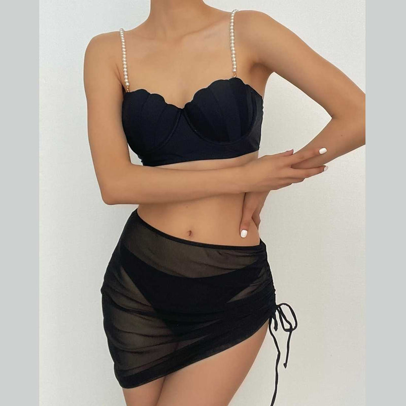 Traje de baño de 3 piezas con espalda descubierta, acolchado y cordón de malla con perlas 