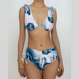 Maillot de bain bikini boutonné à col en V et à nouer contrasté 