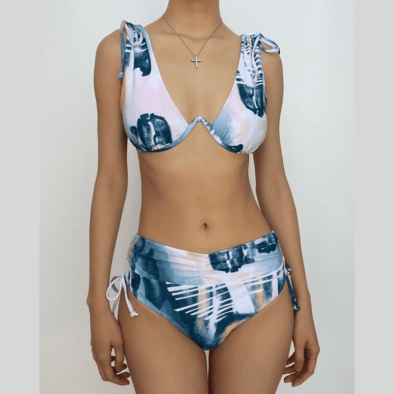 Maillot de bain bikini boutonné à col en V et à nouer contrasté 