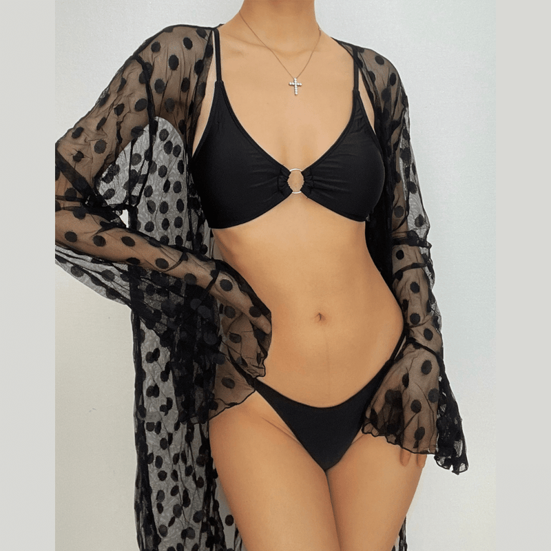 Traje de baño de 3 piezas liso con manga larga y aro redondo de lunares 
