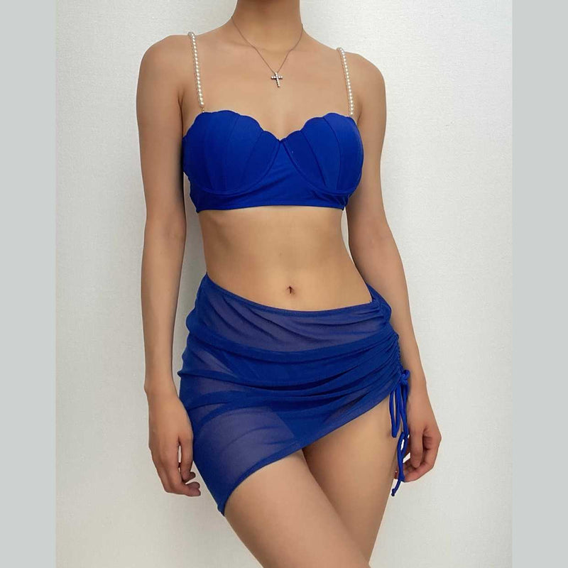 Traje de baño de 3 piezas con espalda descubierta, acolchado y cordón de malla con perlas 