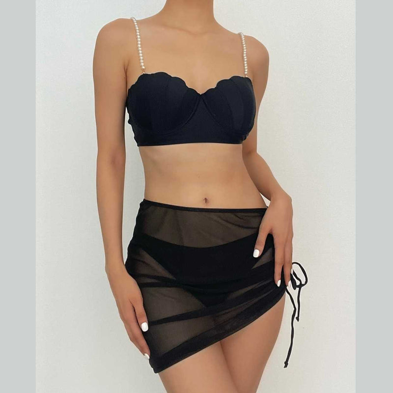 Traje de baño de 3 piezas con espalda descubierta, acolchado y cordón de malla con perlas 