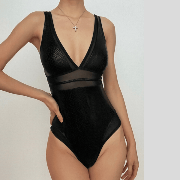 Maillot de bain une pièce en maille à col en V et imprimé serpent 
