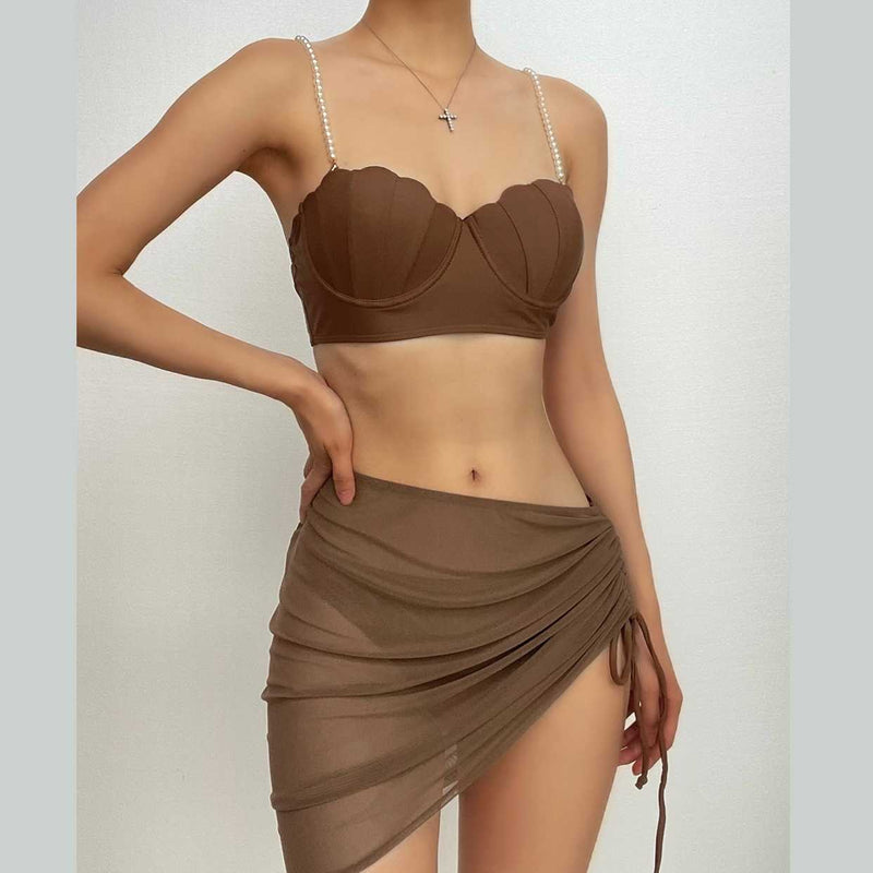 Traje de baño de 3 piezas con espalda descubierta, acolchado y cordón de malla con perlas 