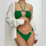 Maillot de bain bikini à licou solide avec anneau en O et attache en métal 