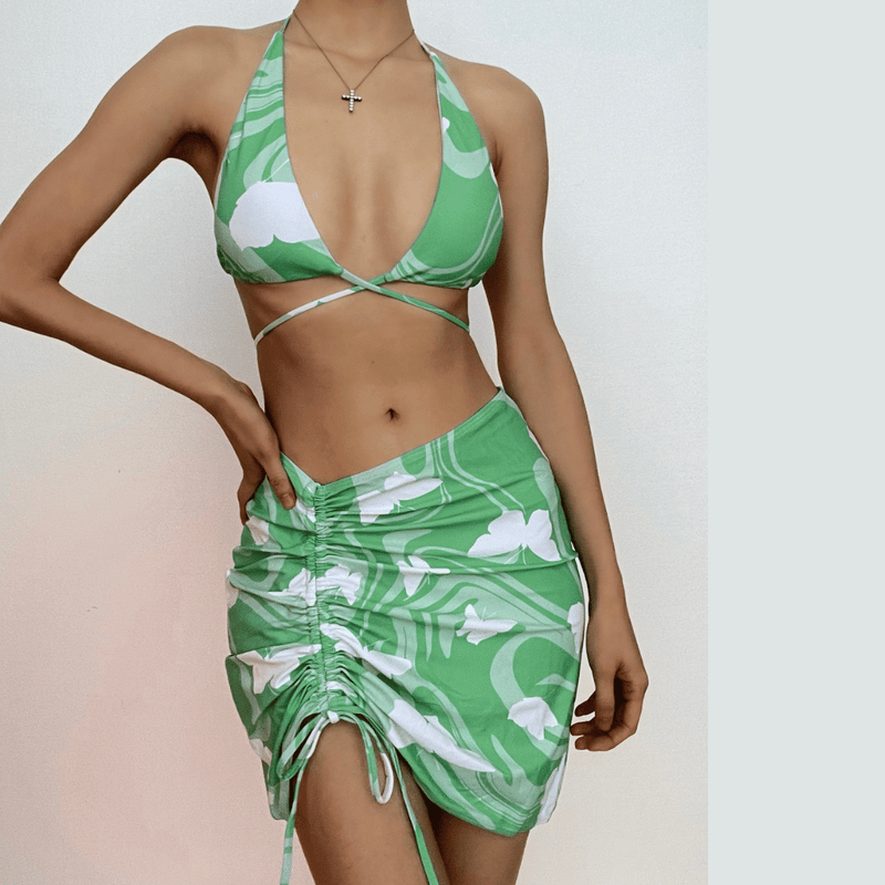 Maillot de bain 3 pièces à imprimé papillon contrasté, dos nu croisé avec cordon de serrage 