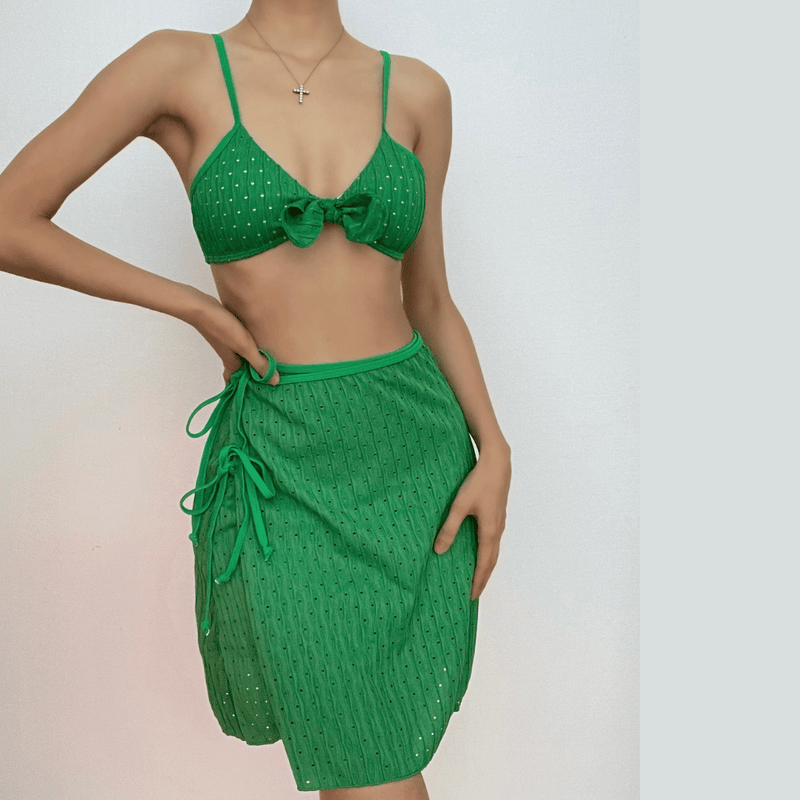 Maillot de bain 3 pièces uni avec nœud papillon 