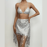 Maillot de bain 3 pièces à nouer avec pompons métalliques unis 