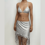 Maillot de bain 3 pièces à nouer avec pompons métalliques unis 